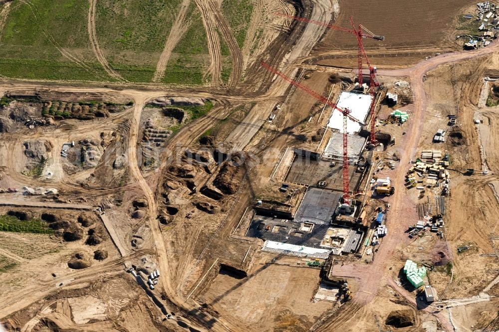 Rust from the bird's eye view: Construction for the new building of the spa and swimming pool at the swimming pool of Recreation Europa-Park in Rust in the state Baden-Wuerttemberg