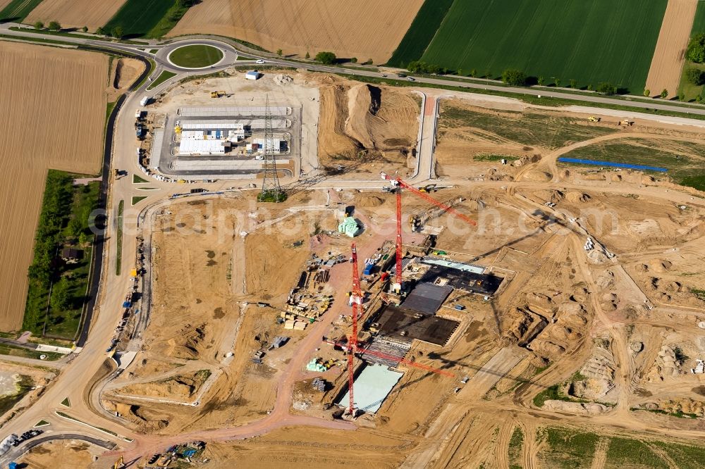 Aerial photograph Rust - Construction for the new building of the spa and swimming pool at the swimming pool of Recreation Europa-Park in Rust in the state Baden-Wuerttemberg