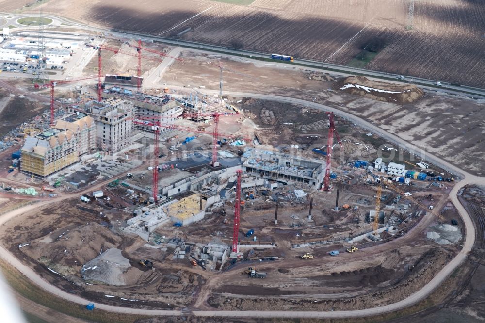 Rust from above - Construction for the new building of the spa and swimming pool at the swimming pool of Recreation Europa-Park in Rust in the state Baden-Wuerttemberg