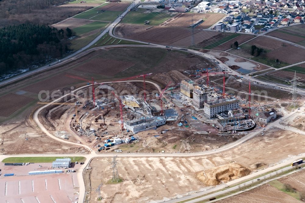 Aerial image Rust - Construction for the new building of the spa and swimming pool at the swimming pool of Recreation Europa-Park in Rust in the state Baden-Wuerttemberg