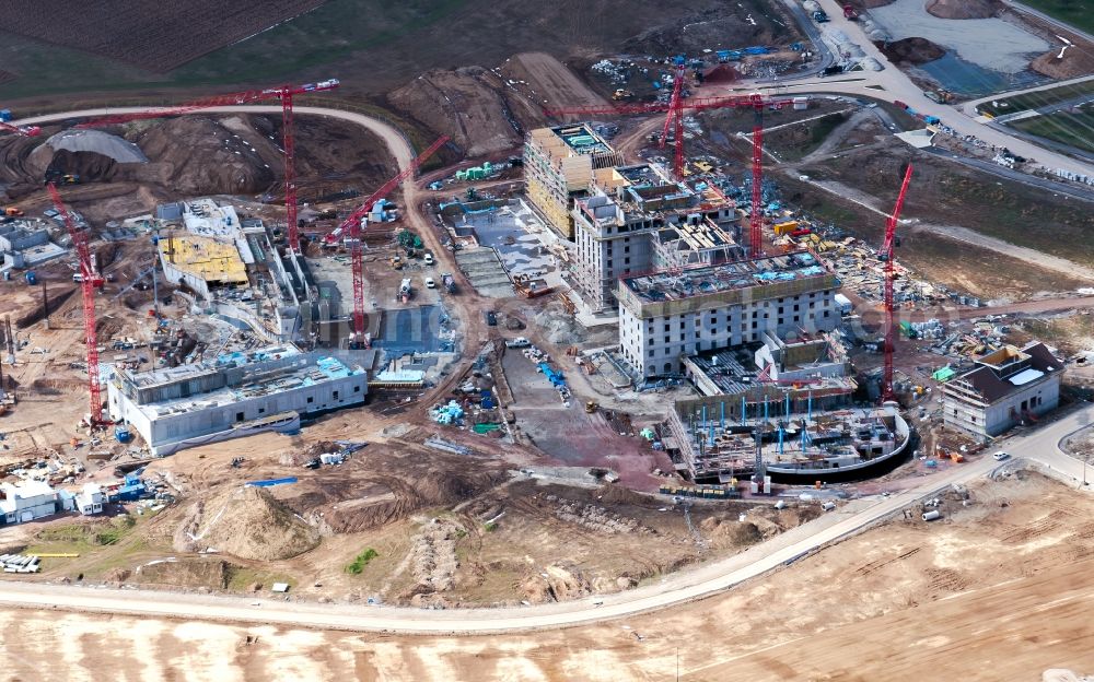 Aerial photograph Rust - Construction for the new building of the spa and swimming pool at the swimming pool of Recreation Europa-Park in Rust in the state Baden-Wuerttemberg