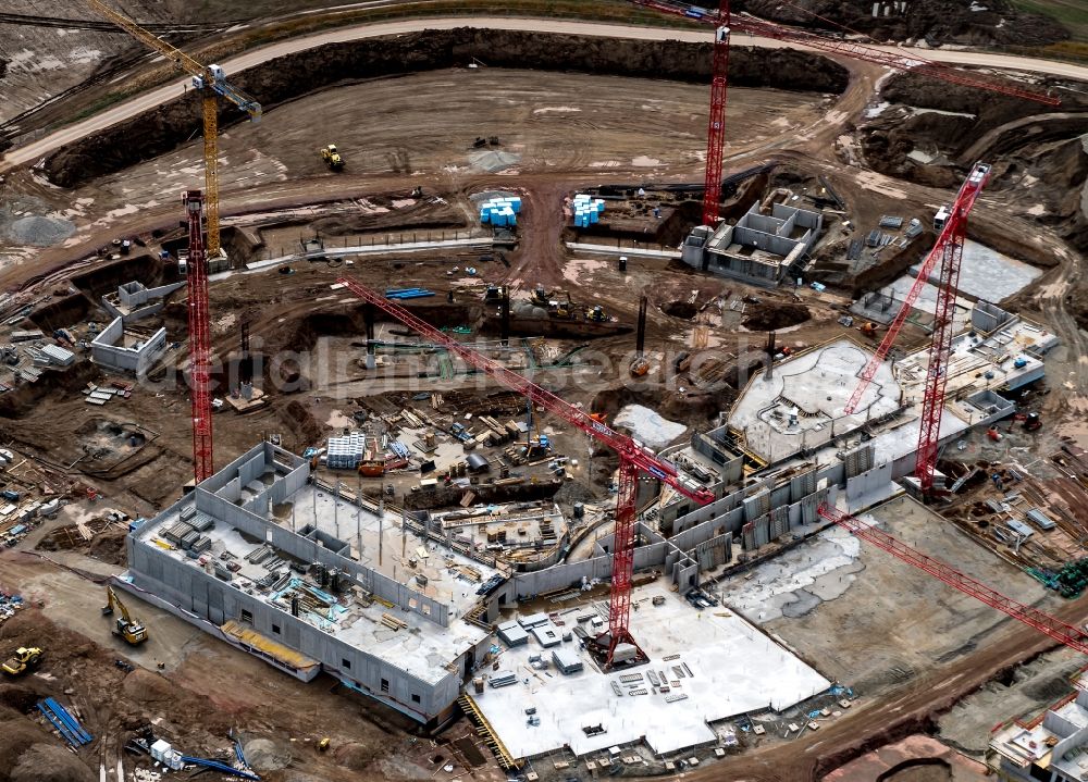 Rust from above - Construction for the new building of the spa and swimming pool at the swimming pool of Recreation Europa-Park in Rust in the state Baden-Wuerttemberg