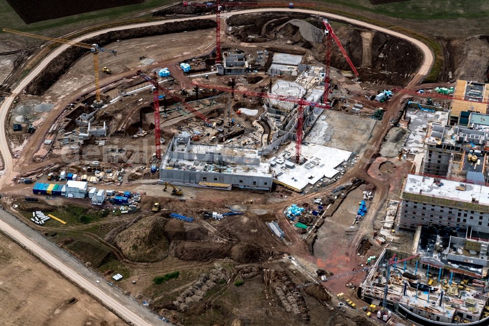 Rust from the bird's eye view: Construction for the new building of the spa and swimming pool at the swimming pool of Recreation Europa-Park in Rust in the state Baden-Wuerttemberg