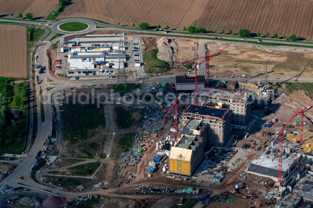 Rust from the bird's eye view: Construction for the new building of the spa and swimming pool at the swimming pool of Recreation Europa-Park in Rust in the state Baden-Wuerttemberg