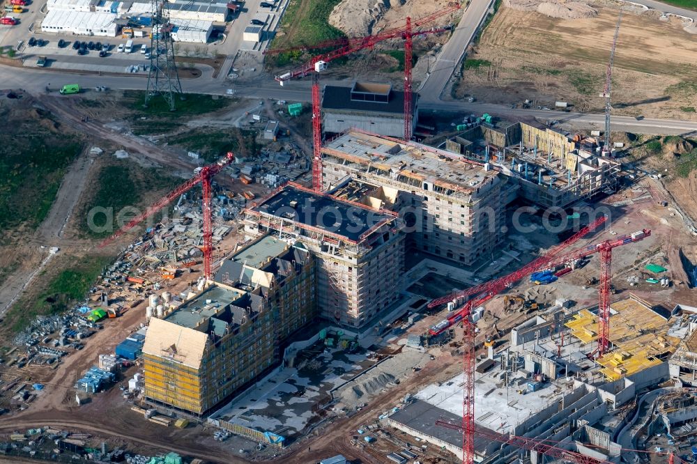 Aerial photograph Rust - Construction for the new building of the spa and swimming pool at the swimming pool of Recreation Europa-Park in Rust in the state Baden-Wuerttemberg