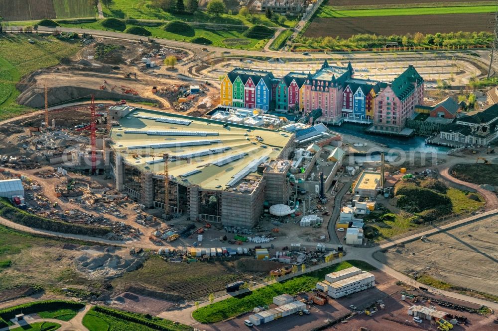 Aerial image Rust - Construction for the new building of the spa and swimming pool at the swimming pool of Recreation Europa-Park in Rust in the state Baden-Wurttemberg