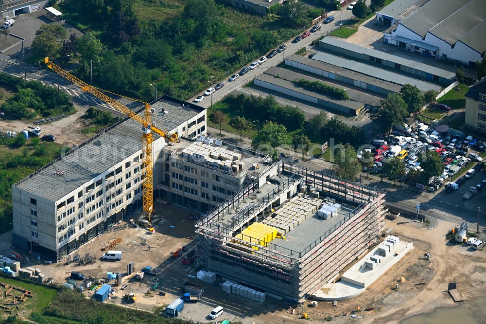 Dresden from above - Construction site for the new building complex of the education and training center Beruflichen Schulzentrums (BSZ) fuer Wirtschaft Franz Ludwig Gehe on street Freiberger Strasse in the district Suedvorstadt in Dresden in the state Saxony, Germany