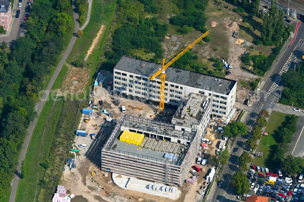 Aerial image Dresden - Construction site for the new building complex of the education and training center Beruflichen Schulzentrums (BSZ) fuer Wirtschaft Franz Ludwig Gehe on street Freiberger Strasse in the district Suedvorstadt in Dresden in the state Saxony, Germany