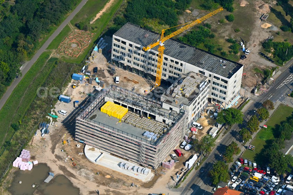 Dresden from above - Construction site for the new building complex of the education and training center Beruflichen Schulzentrums (BSZ) fuer Wirtschaft Franz Ludwig Gehe on street Freiberger Strasse in the district Suedvorstadt in Dresden in the state Saxony, Germany