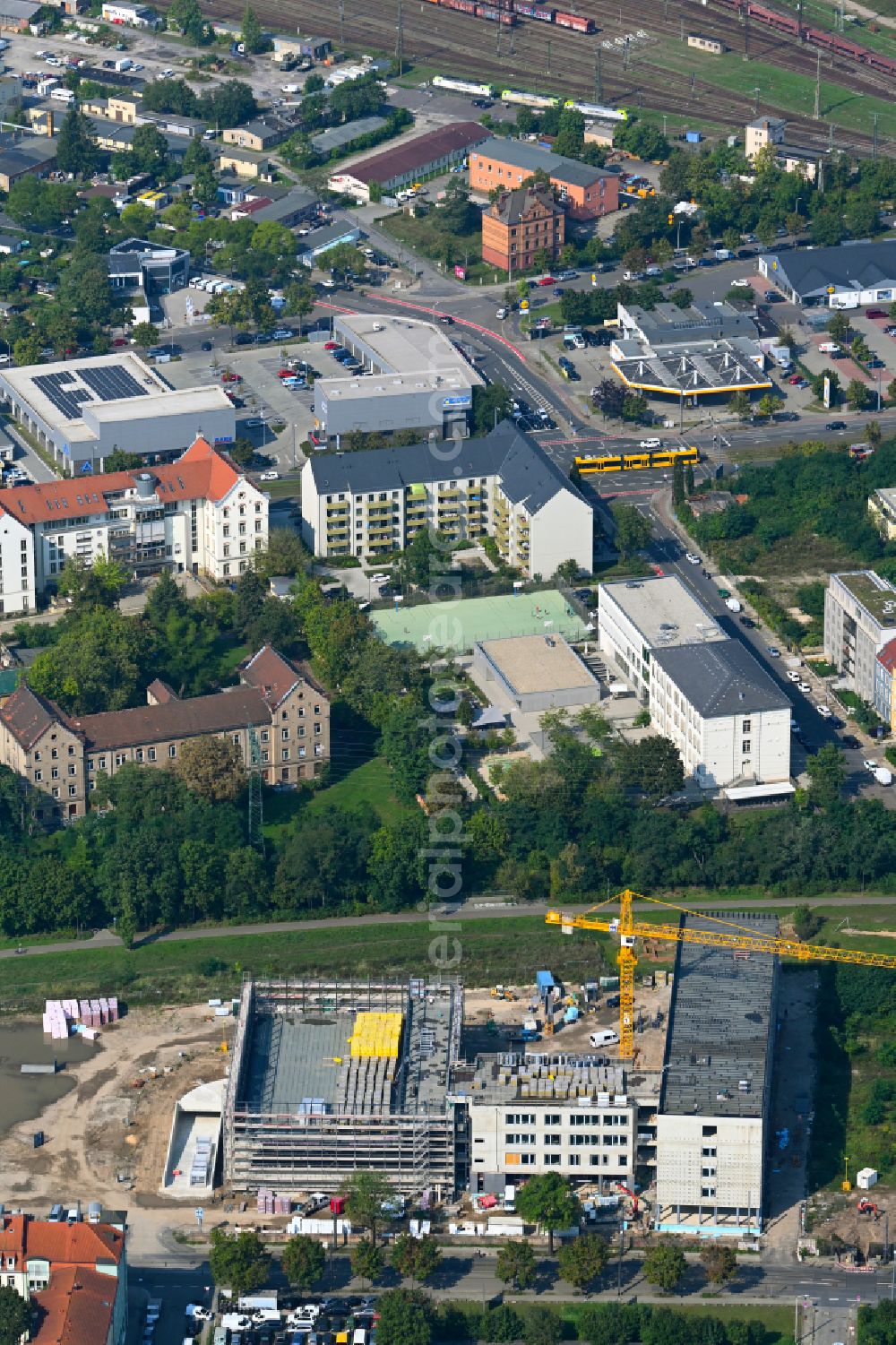 Aerial image Dresden - Construction site for the new building complex of the education and training center Beruflichen Schulzentrums (BSZ) fuer Wirtschaft Franz Ludwig Gehe on street Freiberger Strasse in the district Suedvorstadt in Dresden in the state Saxony, Germany