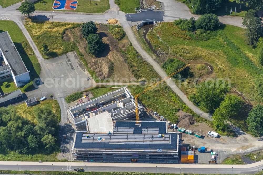 Arnsberg from above - Construction site for the new building complex of the education and training center - vocational promotion center on Kleinbahnstrasse in Arnsberg in the state North Rhine-Westphalia, Germany