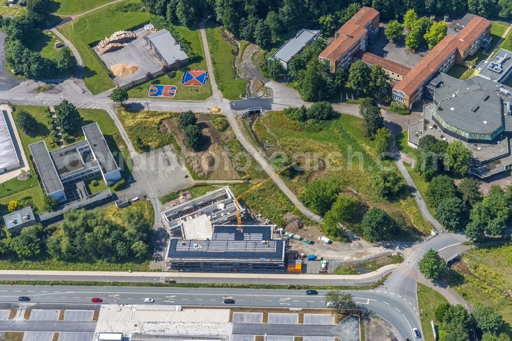 Arnsberg from the bird's eye view: Construction site for the new building complex of the education and training center - vocational promotion center on Kleinbahnstrasse in Arnsberg in the state North Rhine-Westphalia, Germany