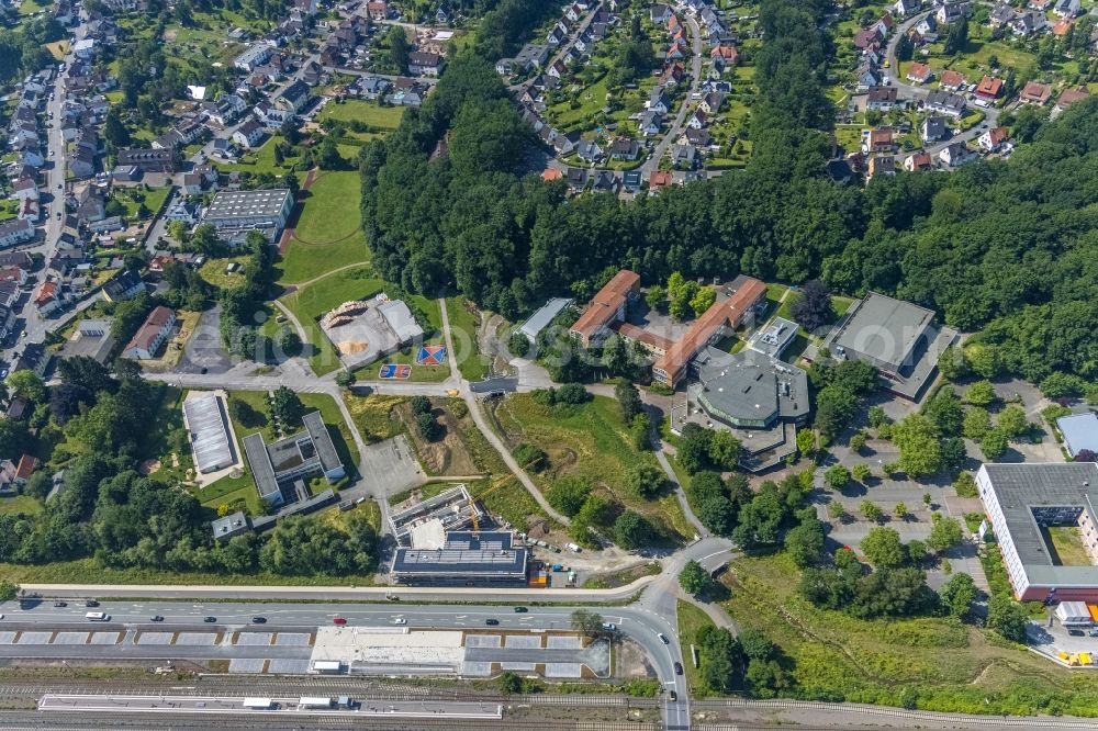 Aerial image Arnsberg - Construction site for the new building complex of the education and training center - vocational promotion center on Kleinbahnstrasse in Arnsberg in the state North Rhine-Westphalia, Germany