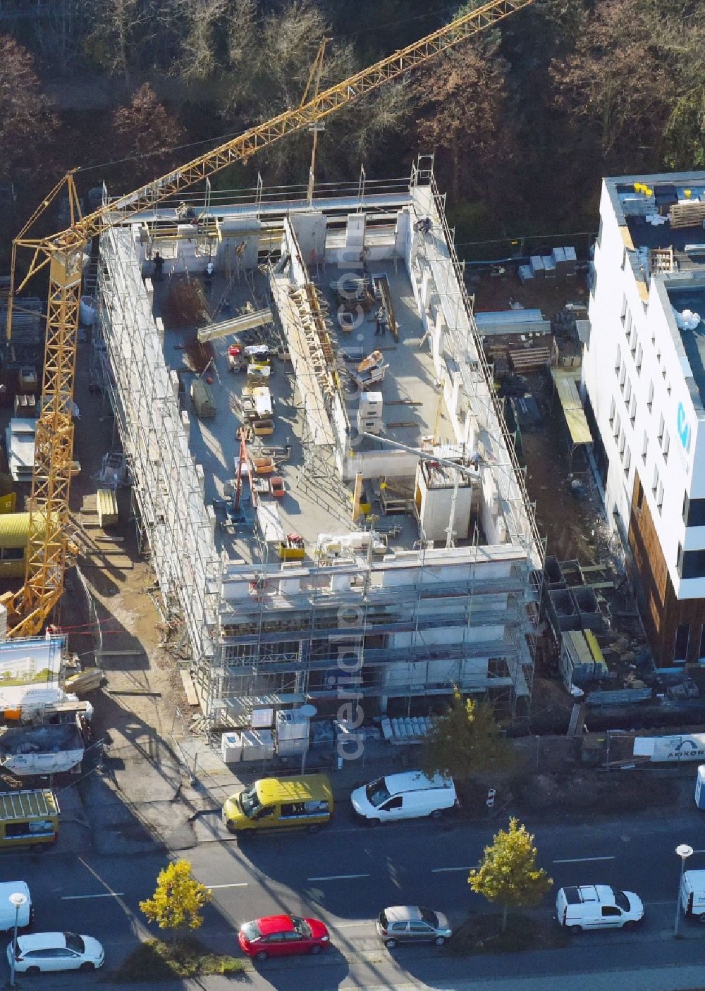 Berlin from the bird's eye view: Construction site for the new building of WINDnovation Engineering Solutions GmbH on Wagner-Regeny-Strasse in the district Adlershof in Berlin, Germany