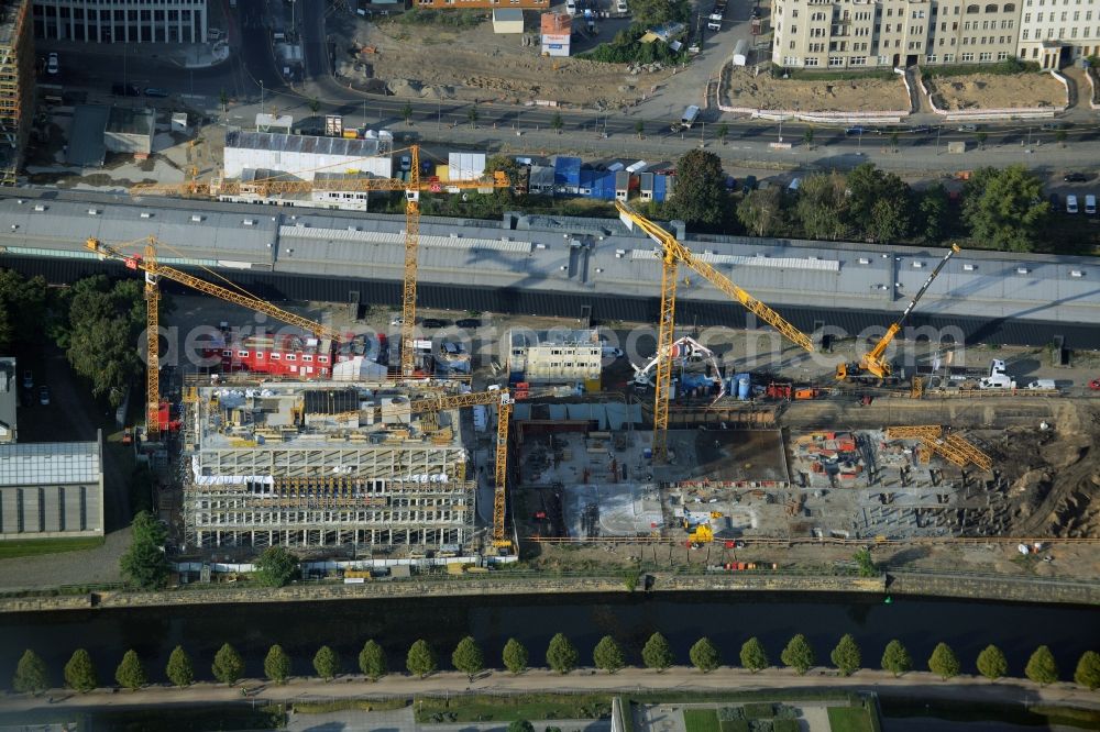 Aerial image Berlin - Construction site for the new building of a residential and office building in Europacity on Heidestrasse in Berlin in Germany. The shorter building is an office building of Ernst Basler + Partner AG, the longer one will be a residential building of Groth Gruppe