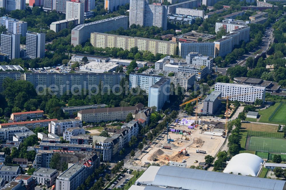 Aerial image Berlin - Construction site for the new residential and commercial building on street Konrad-Wolf-Strasse in the district Hohenschoenhausen in Berlin, Germany
