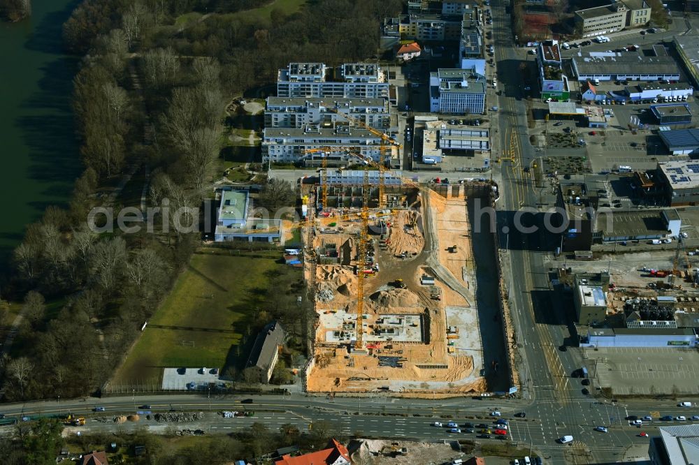 Nürnberg from the bird's eye view: Construction site to build a new multi-family residential and commercial building quarter Seetor City Campus on Ostendstrasse - corner of Dr.-Gustav-Heinemann-Strasse in Nuremberg in the state Bavaria, Germany