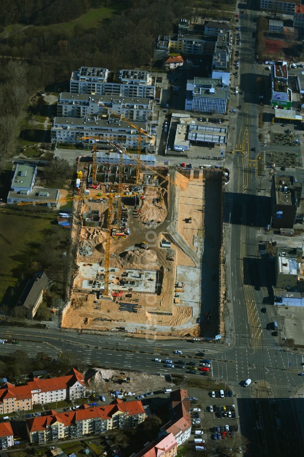 Aerial image Nürnberg - Construction site to build a new multi-family residential and commercial building quarter Seetor City Campus on Ostendstrasse - corner of Dr.-Gustav-Heinemann-Strasse in Nuremberg in the state Bavaria, Germany