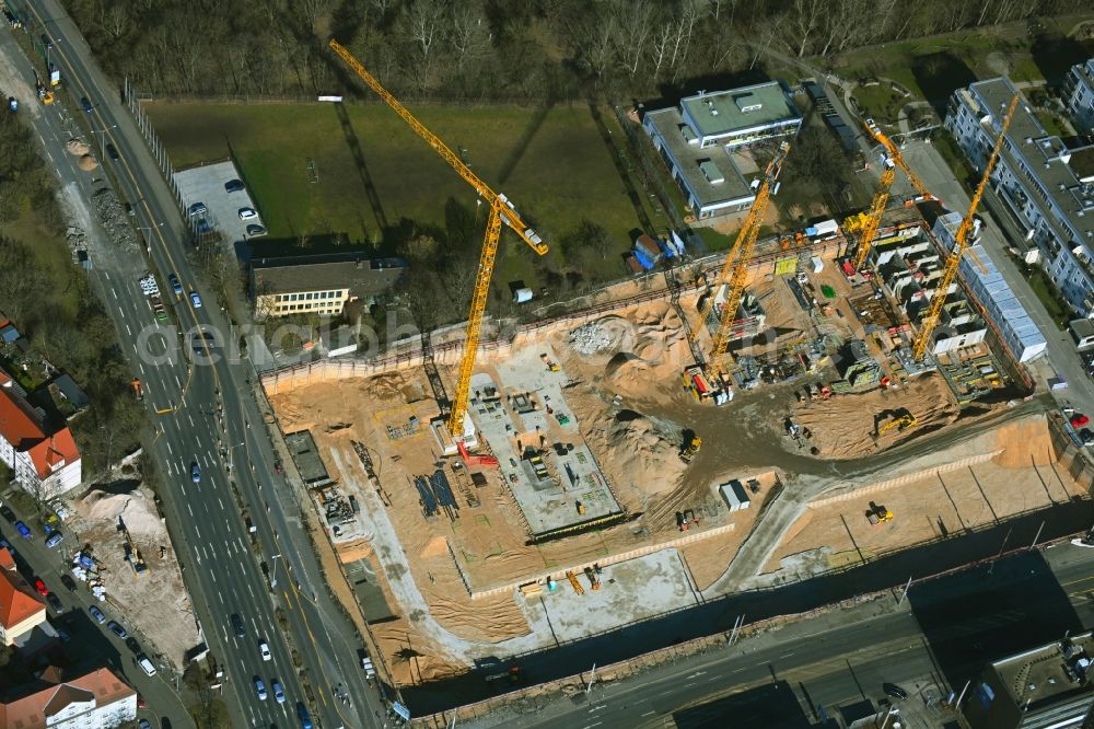 Nürnberg from above - Construction site to build a new multi-family residential and commercial building quarter Seetor City Campus on Ostendstrasse - corner of Dr.-Gustav-Heinemann-Strasse in Nuremberg in the state Bavaria, Germany