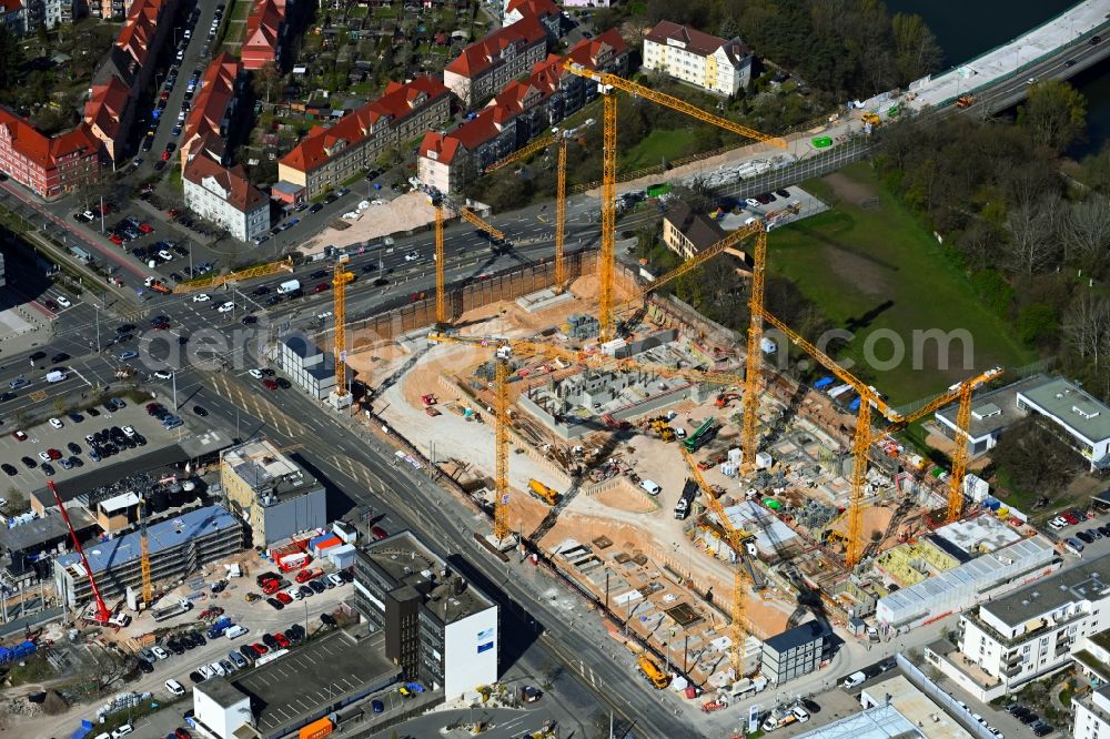 Nürnberg from the bird's eye view: Construction site to build a new multi-family residential and commercial building quarter Seetor City Campus on Ostendstrasse - corner of Dr.-Gustav-Heinemann-Strasse in Nuremberg in the state Bavaria, Germany