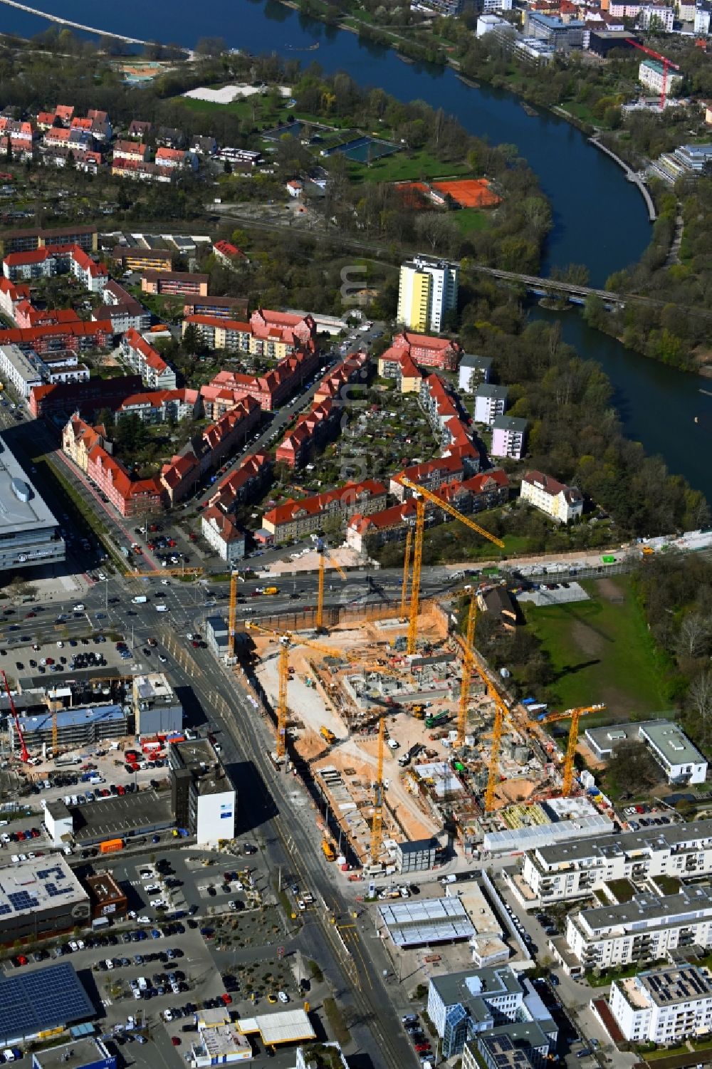 Aerial image Nürnberg - Construction site to build a new multi-family residential and commercial building quarter Seetor City Campus on Ostendstrasse - corner of Dr.-Gustav-Heinemann-Strasse in Nuremberg in the state Bavaria, Germany