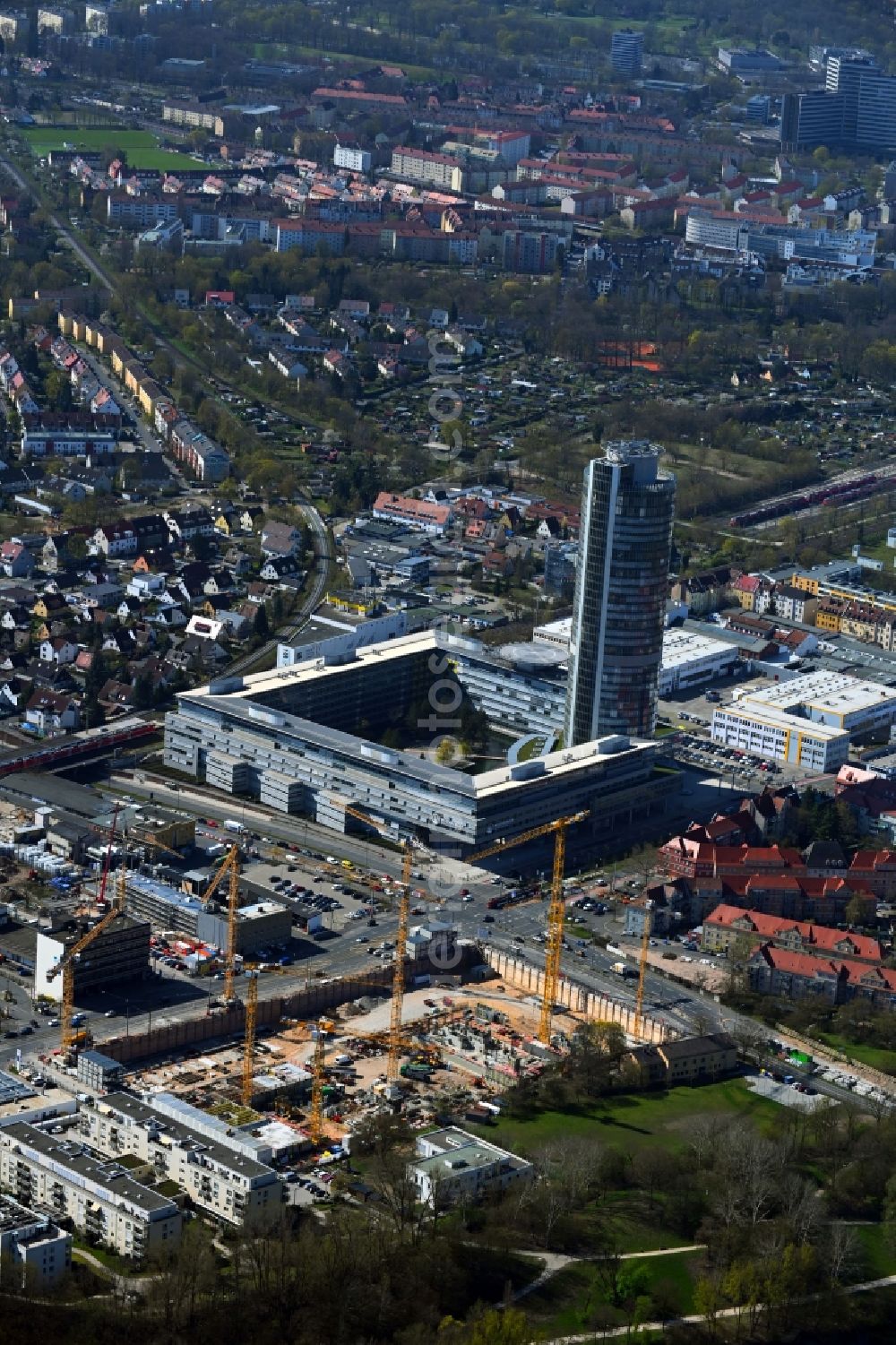 Nürnberg from the bird's eye view: Construction site to build a new multi-family residential and commercial building quarter Seetor City Campus on Ostendstrasse - corner of Dr.-Gustav-Heinemann-Strasse in Nuremberg in the state Bavaria, Germany