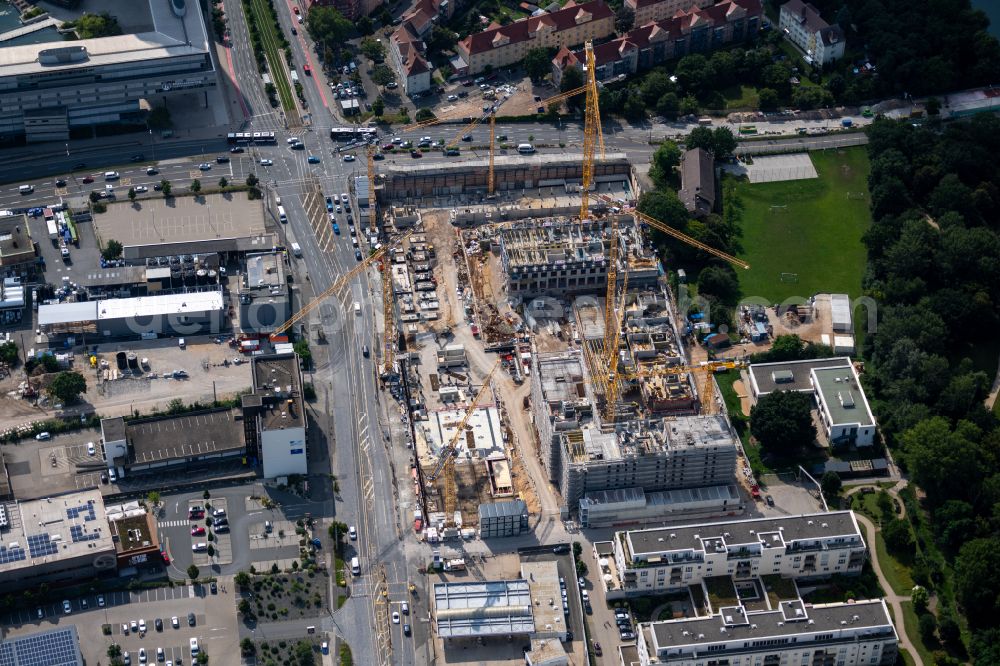 Aerial image Nürnberg - Construction site to build a new multi-family residential and commercial building quarter Seetor City Campus on Ostendstrasse - corner of Dr.-Gustav-Heinemann-Strasse in Nuremberg in the state Bavaria, Germany