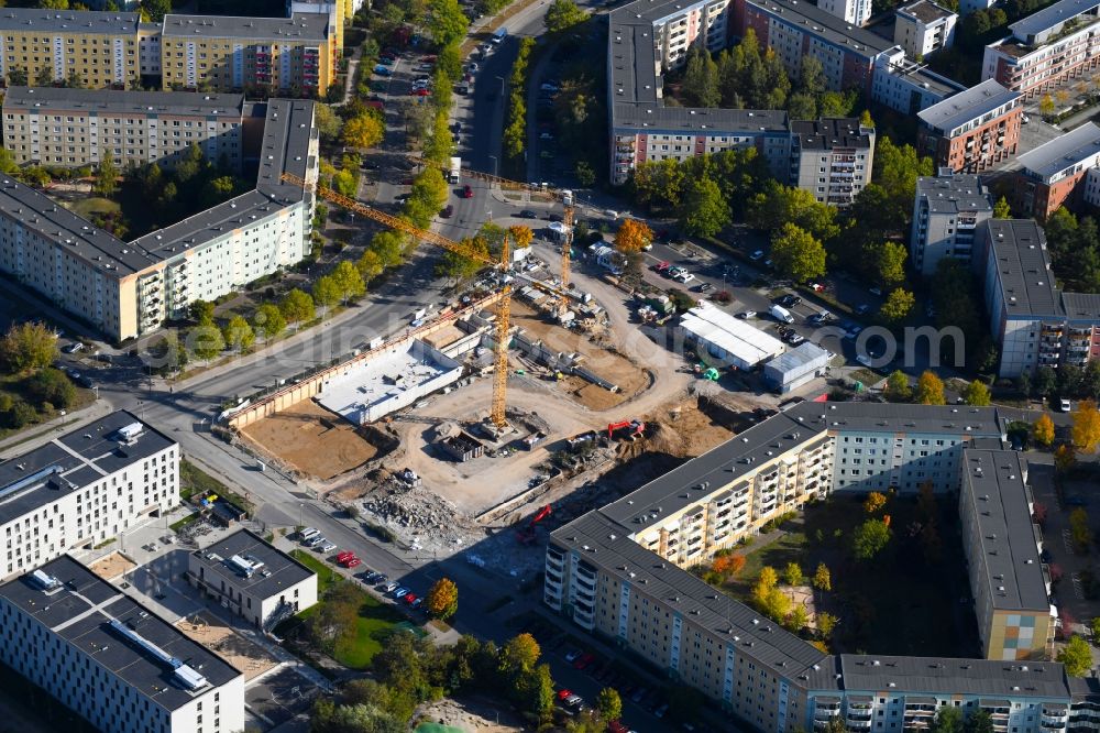 Berlin from above - Construction site for the new residential and commercial building on the Albert-Kuntz-Strasse corner Louis-Lewin-Strasse - Adele-Sandrock-Strasse in the district Hellersdorf in Berlin, Germany