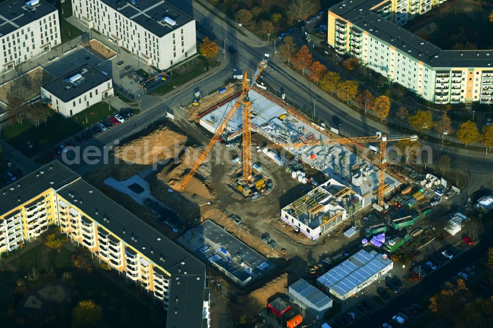 Aerial image Berlin - Construction site for the new residential and commercial building on the Albert-Kuntz-Strasse corner Louis-Lewin-Strasse - Adele-Sandrock-Strasse in the district Hellersdorf in Berlin, Germany