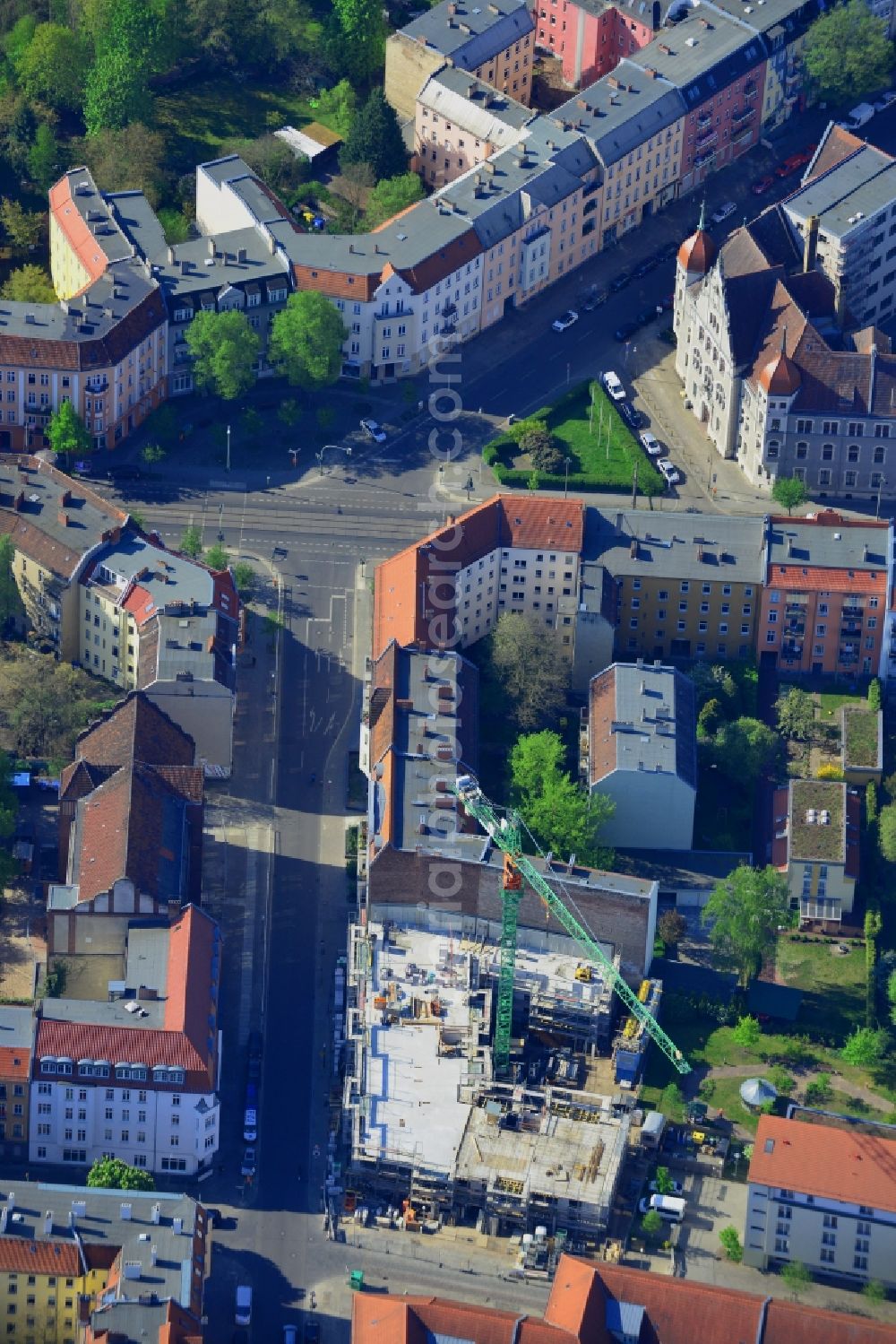 Berlin from the bird's eye view: Construction site to build a new residential and commercial building in Berlin Koepenick