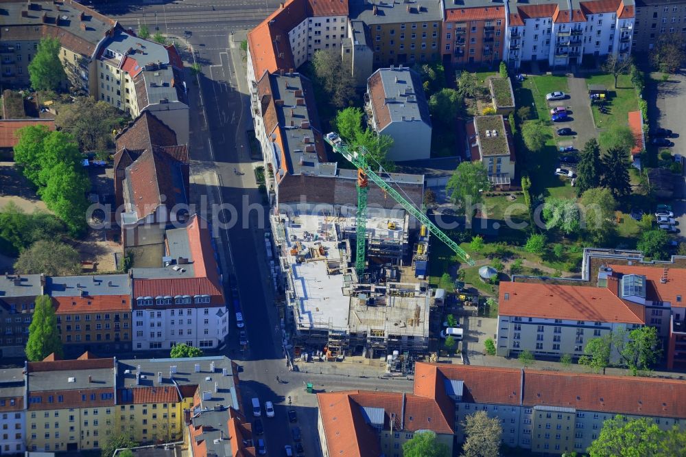 Berlin from the bird's eye view: Construction site to build a new residential and commercial building in Berlin Koepenick