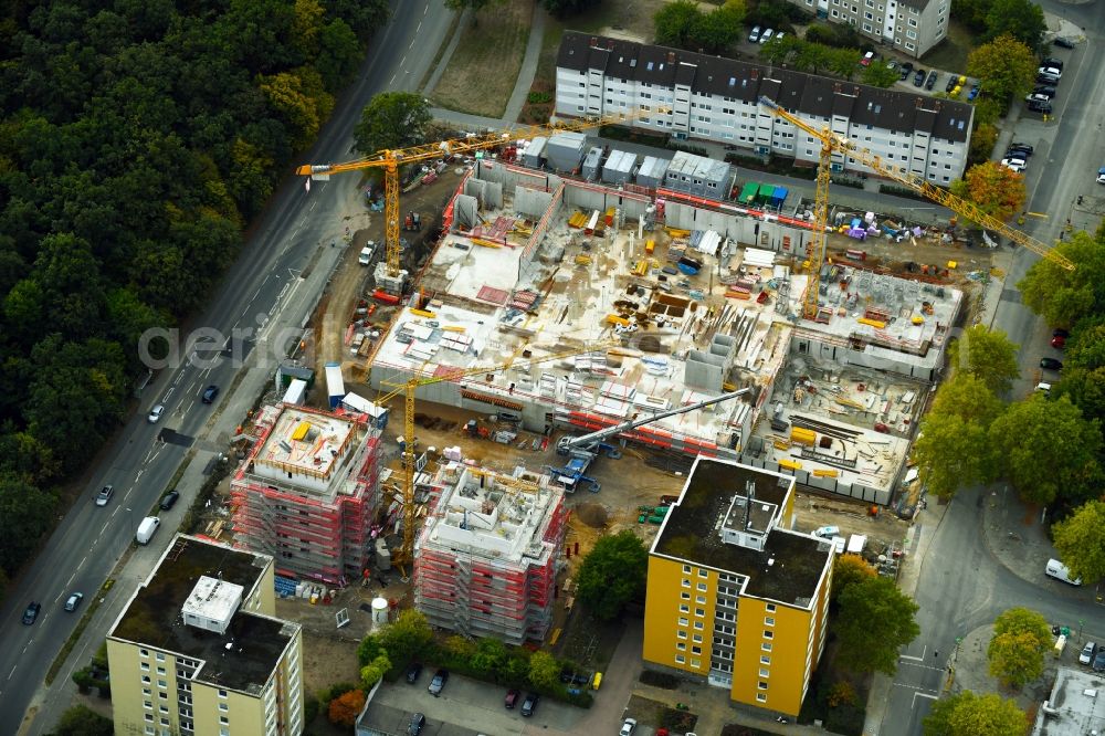 Wolfsburg from above - Construction site for the new residential and commercial building on the Breslauer Strasse - Schlesierweg in Wolfsburg in the state Lower Saxony, Germany