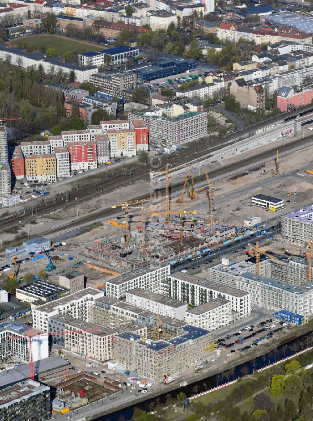 Berlin from above - Construction site for the new residential and commercial building QH Core on Heidestrasse in the district Moabit in Berlin, Germany