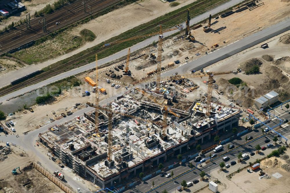 Berlin from above - Construction site for the new residential and commercial building QH Core on Heidestrasse in the district Moabit in Berlin, Germany