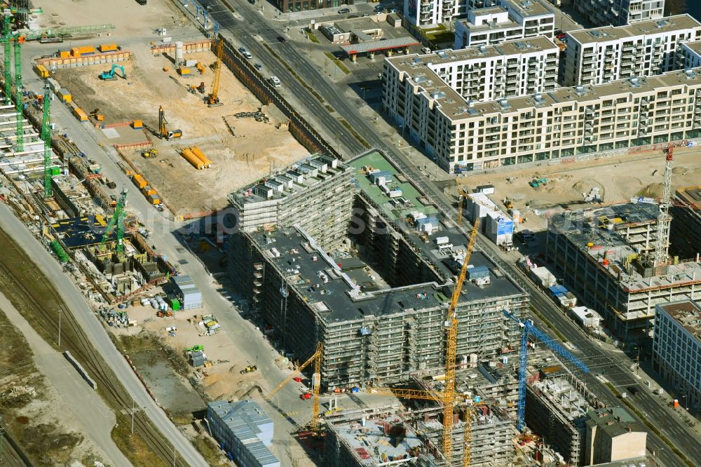 Berlin from above - Construction site for the new residential and commercial building QH Core on Heidestrasse in the district Moabit in Berlin, Germany