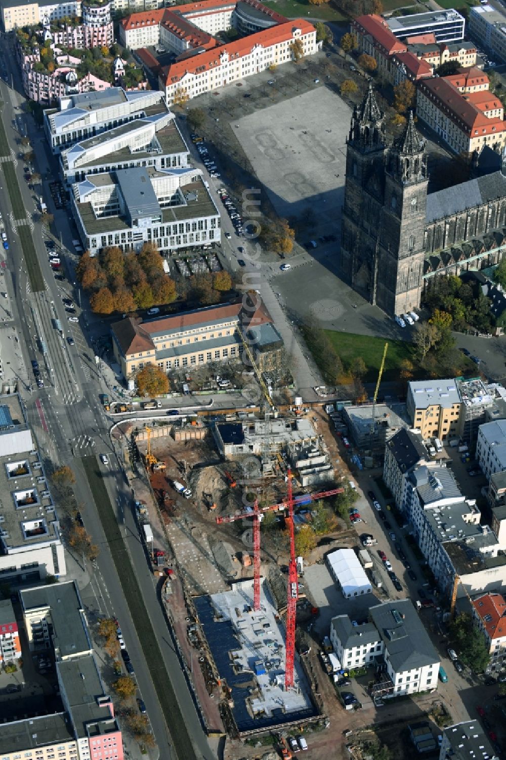 Aerial image Magdeburg - Construction site for the new residential and commercial building on the Danzstrasse corner Breiter Weg in the district Altstadt in Magdeburg in the state Saxony-Anhalt, Germany