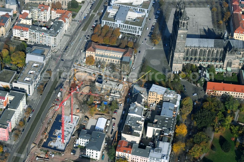 Aerial photograph Magdeburg - Construction site for the new residential and commercial building on the Danzstrasse corner Breiter Weg in the district Altstadt in Magdeburg in the state Saxony-Anhalt, Germany