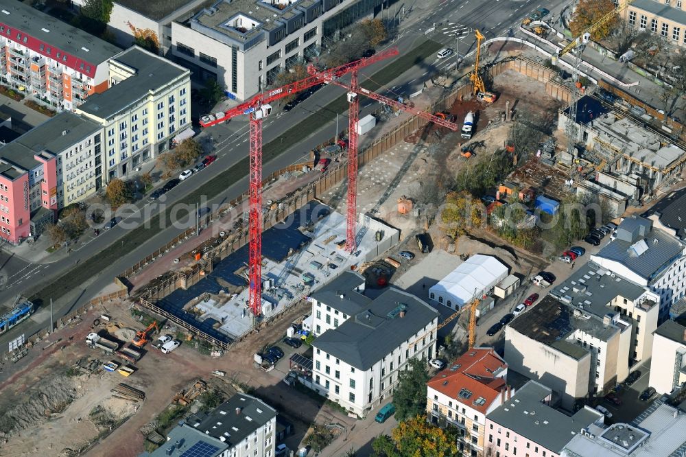 Magdeburg from the bird's eye view: Construction site for the new residential and commercial building on the Danzstrasse corner Breiter Weg in the district Altstadt in Magdeburg in the state Saxony-Anhalt, Germany