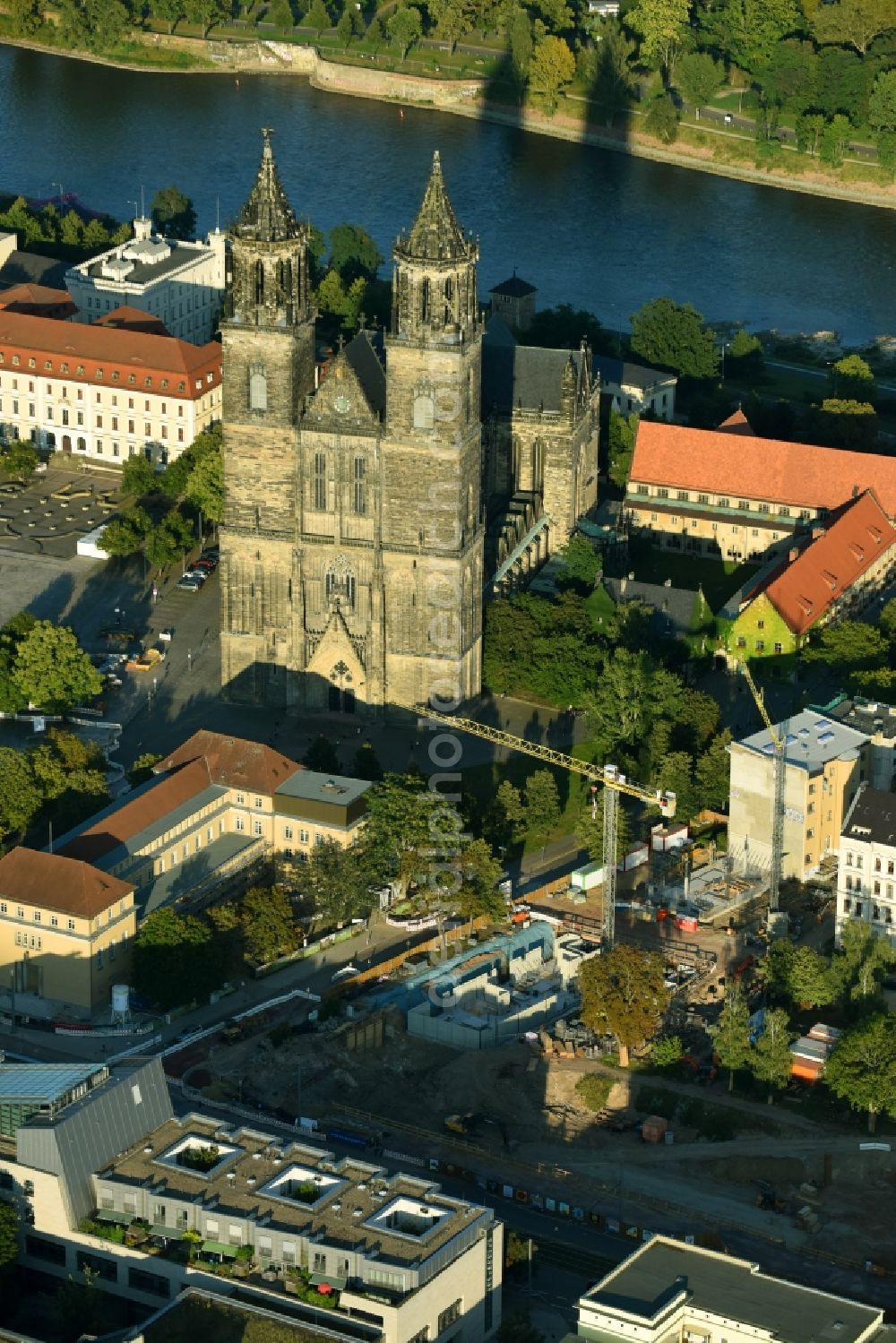 Aerial image Magdeburg - Construction site for the new residential and commercial building on the Danzstrasse corner Breiter Weg in the district Altstadt in Magdeburg in the state Saxony-Anhalt, Germany