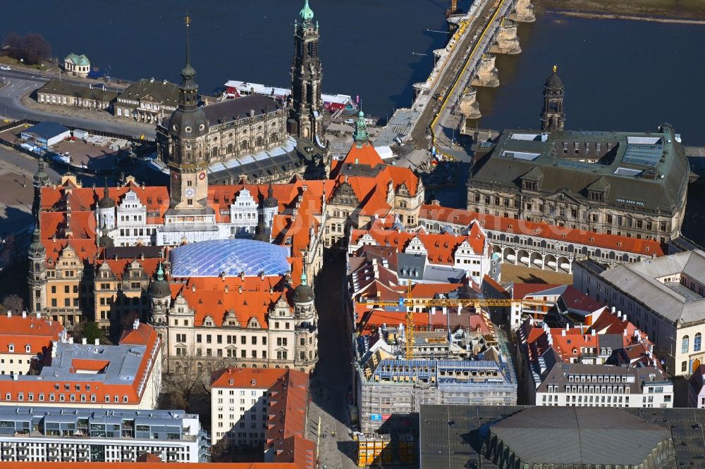 Aerial photograph Dresden - Construction site for the new residential and commercial building on Schlossstrasse - Sporergasse - Rosmaringasse in the district Innere Altstadt in Dresden in the state Saxony, Germany