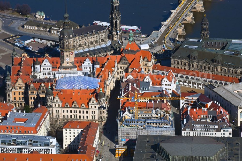 Dresden from above - Construction site for the new residential and commercial building on Schlossstrasse - Sporergasse - Rosmaringasse in the district Innere Altstadt in Dresden in the state Saxony, Germany