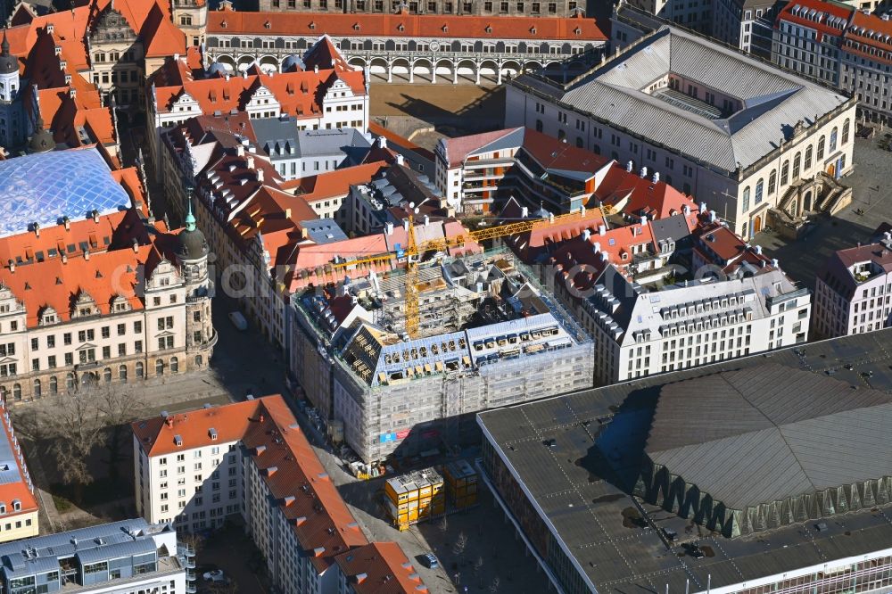 Aerial image Dresden - Construction site for the new residential and commercial building on Schlossstrasse - Sporergasse - Rosmaringasse in the district Innere Altstadt in Dresden in the state Saxony, Germany