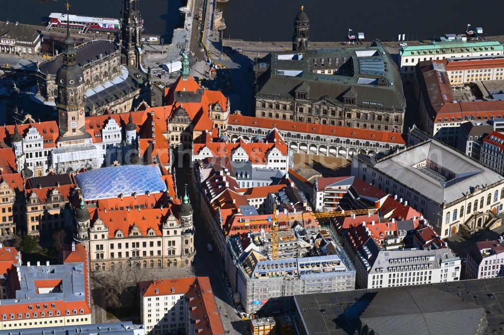 Aerial photograph Dresden - Construction site for the new residential and commercial building on Schlossstrasse - Sporergasse - Rosmaringasse in the district Innere Altstadt in Dresden in the state Saxony, Germany