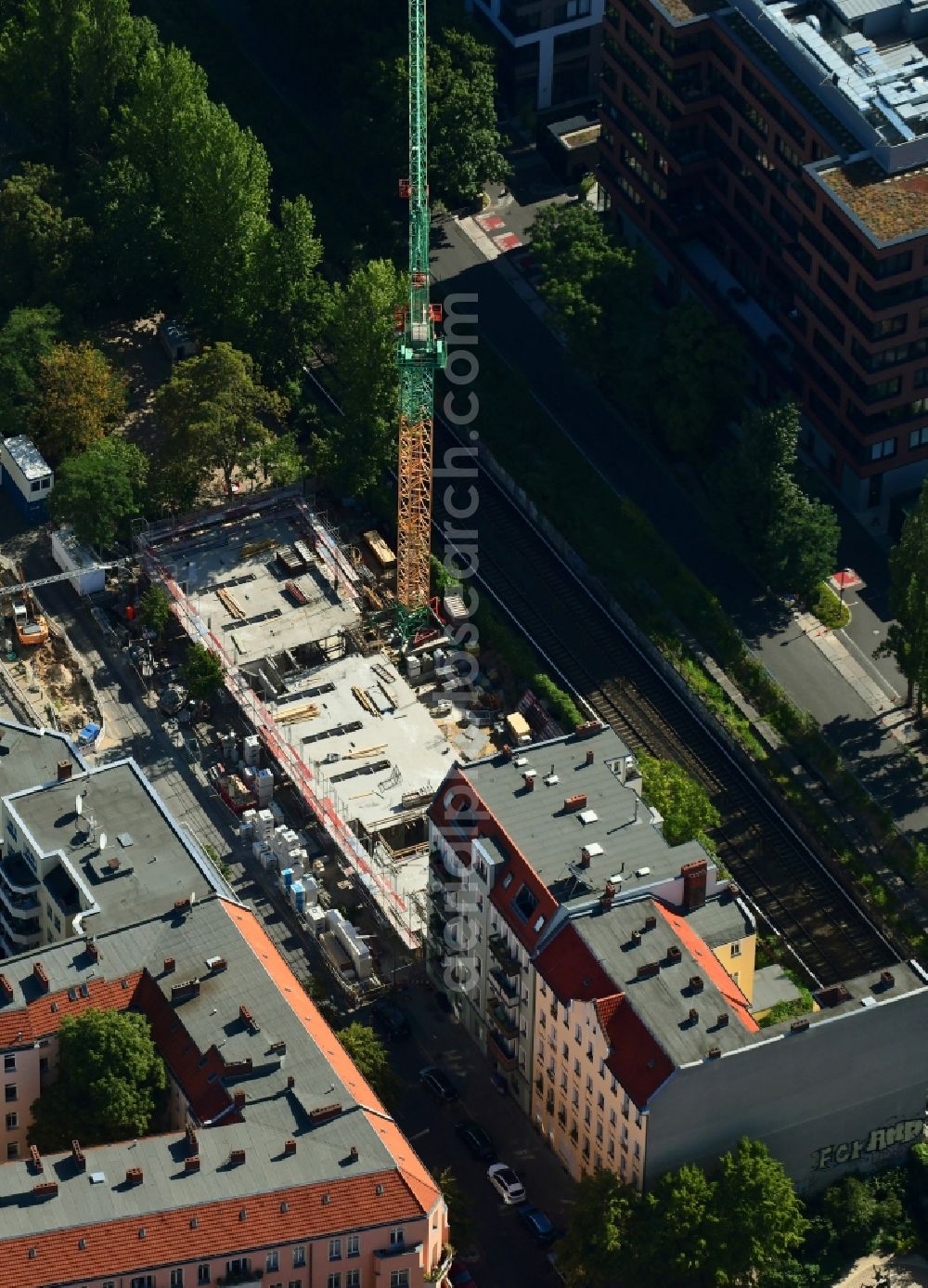 Berlin from above - Construction site for the new residential and commercial building on Ebersstrasse in the district Schoeneberg in Berlin, Germany