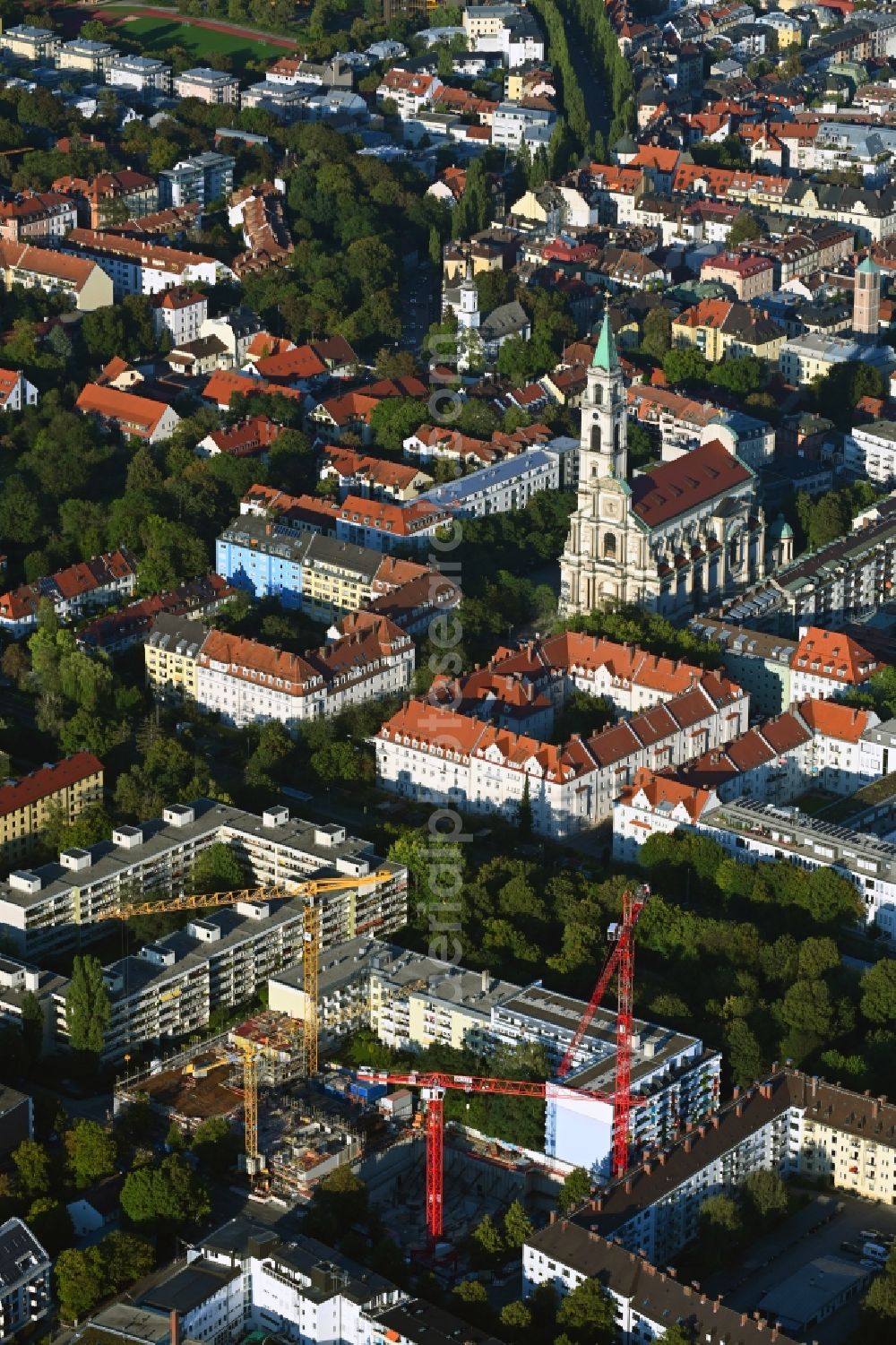 München from the bird's eye view: Construction site for the new residential and commercial building eins8eins on Hansastrasse in the district Sendling-Westpark in Munich in the state Bavaria, Germany