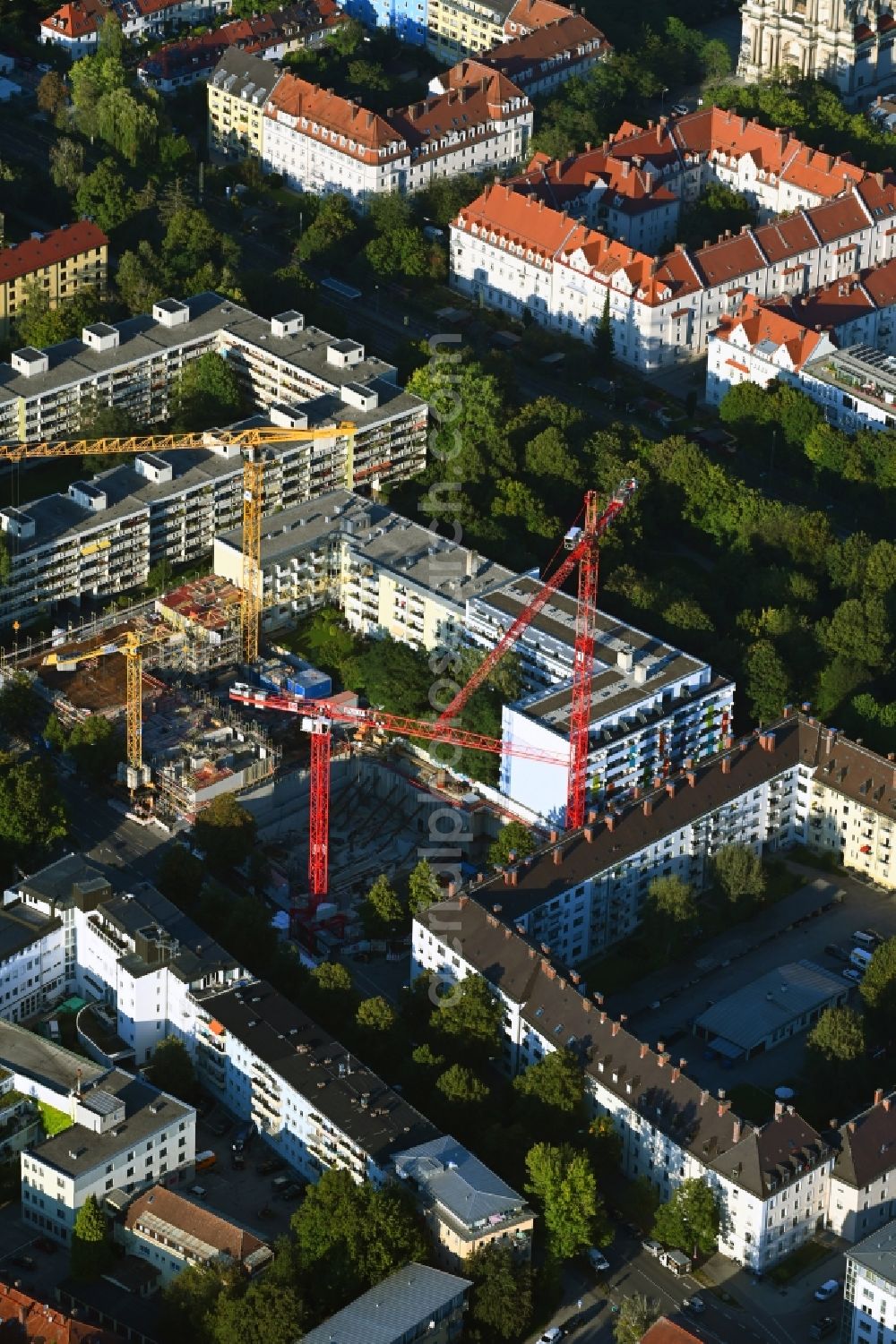 Aerial image München - Construction site for the new residential and commercial building eins8eins on Hansastrasse in the district Sendling-Westpark in Munich in the state Bavaria, Germany