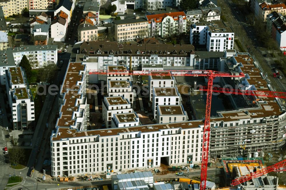 Offenbach am Main from above - Construction site for the new residential and commercial building Goethequartier on Bernhardstrasse - Goethering - Pirazzistrasse in the district Nordend in Offenbach am Main in the state Hesse, Germany