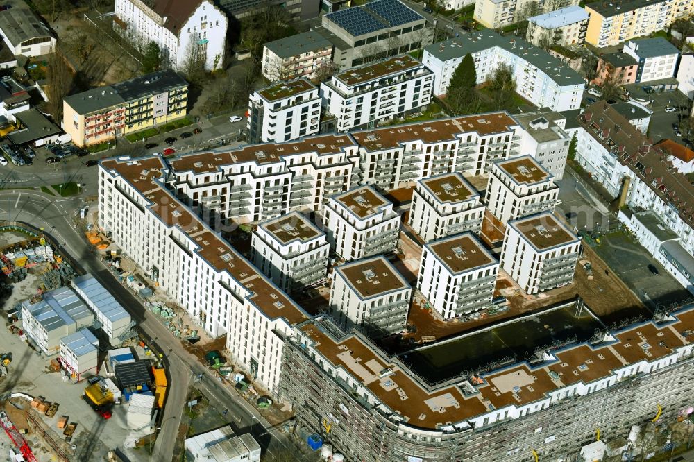 Aerial image Offenbach am Main - Construction site for the new residential and commercial building Goethequartier on Bernhardstrasse - Goethering - Pirazzistrasse in the district Nordend in Offenbach am Main in the state Hesse, Germany