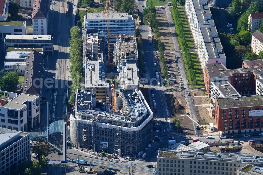 Dresden from above - Construction site for the new residential and commercial building Haus Postplatz on Wallstrasse - Marienstrasse in Dresden in the state Saxony, Germany