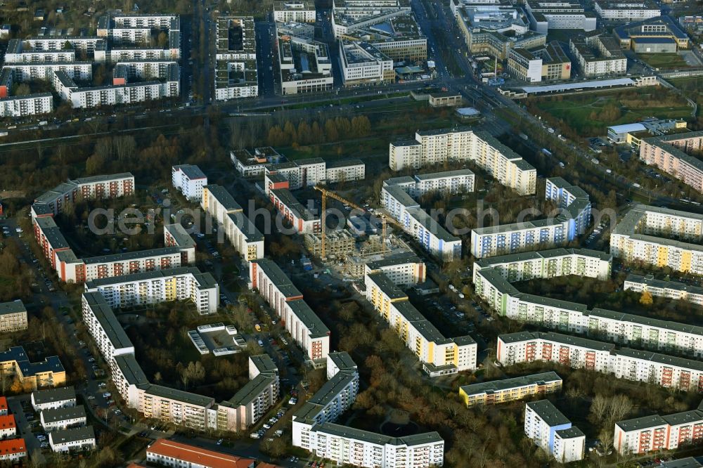 Aerial image Berlin - Construction site for the new residential and commercial building on Kastanienboulevard - Auerbacher Ring - Schneeberger Strasse in the district Hellersdorf in Berlin, Germany